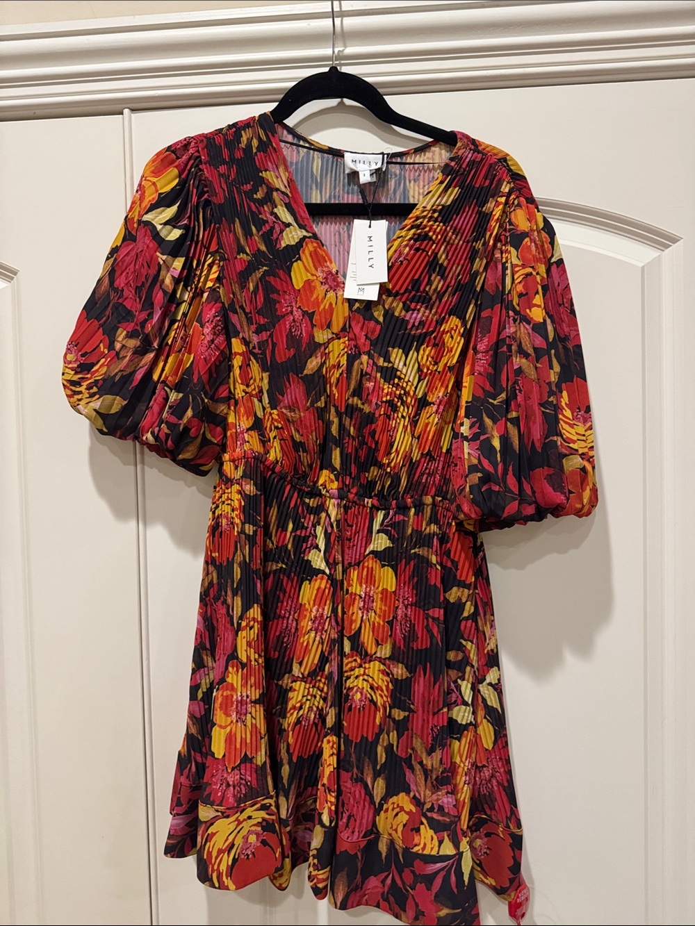 NWT Milly Black Mini Dress with Red & Yellow Floral Print